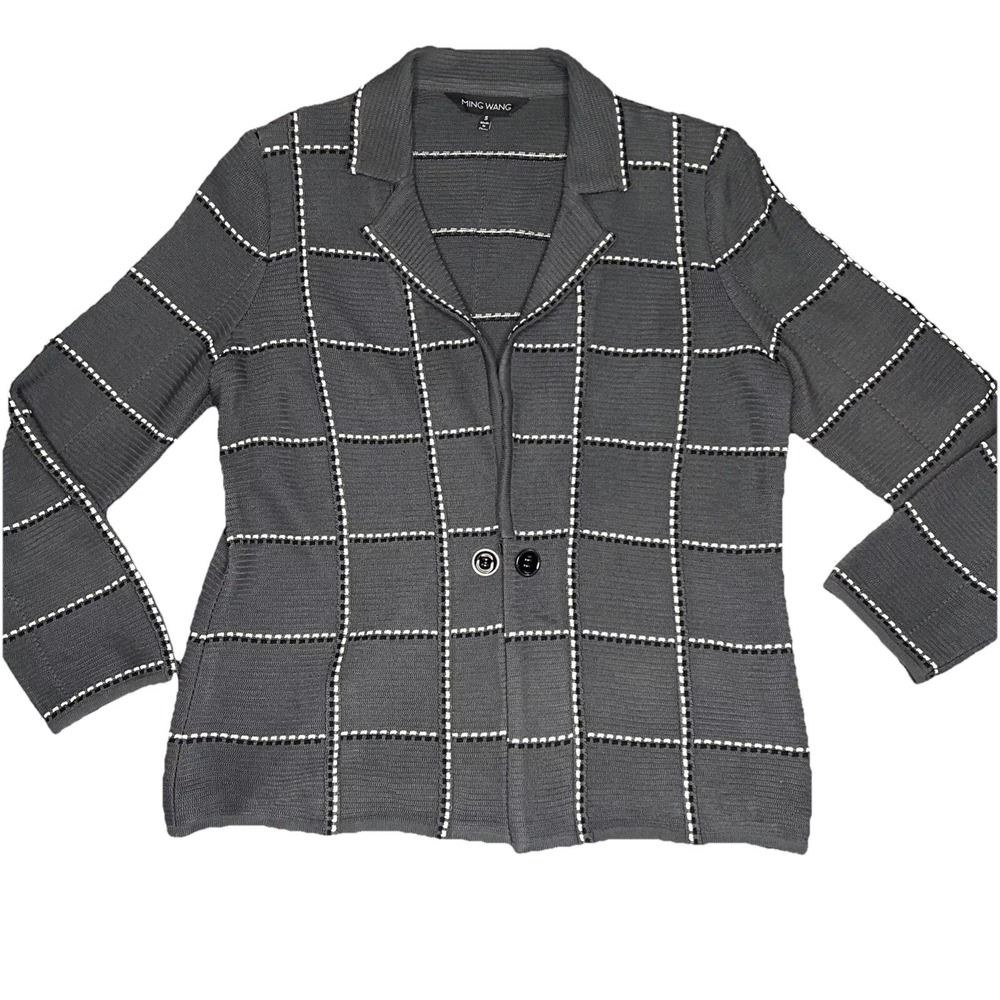 Ming Wang Womens Gray‎ Window Pane Print Knitted Single Breasted Cardigan Size S